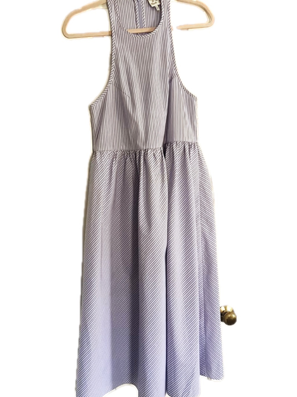 Striped Sleeveless Full-Skirt Midi Dress - Light blue, navy, and white stripes